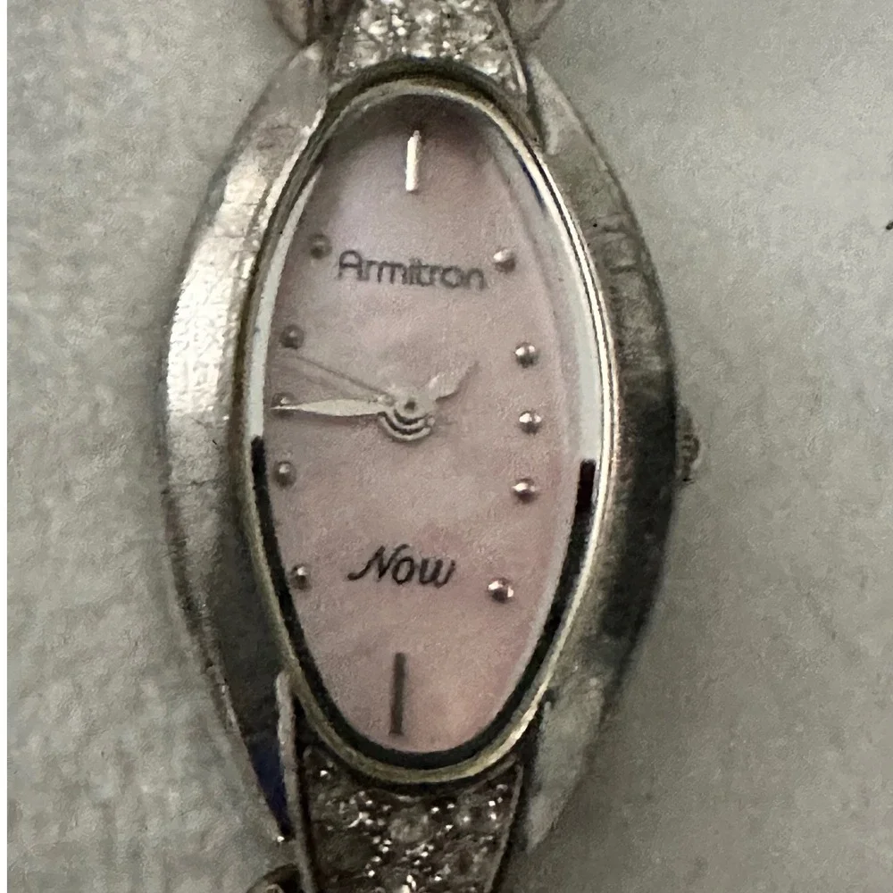 Armitron Now Silver Tone Bangle Watch Pink‎ Face Rhinestone Accent Womens